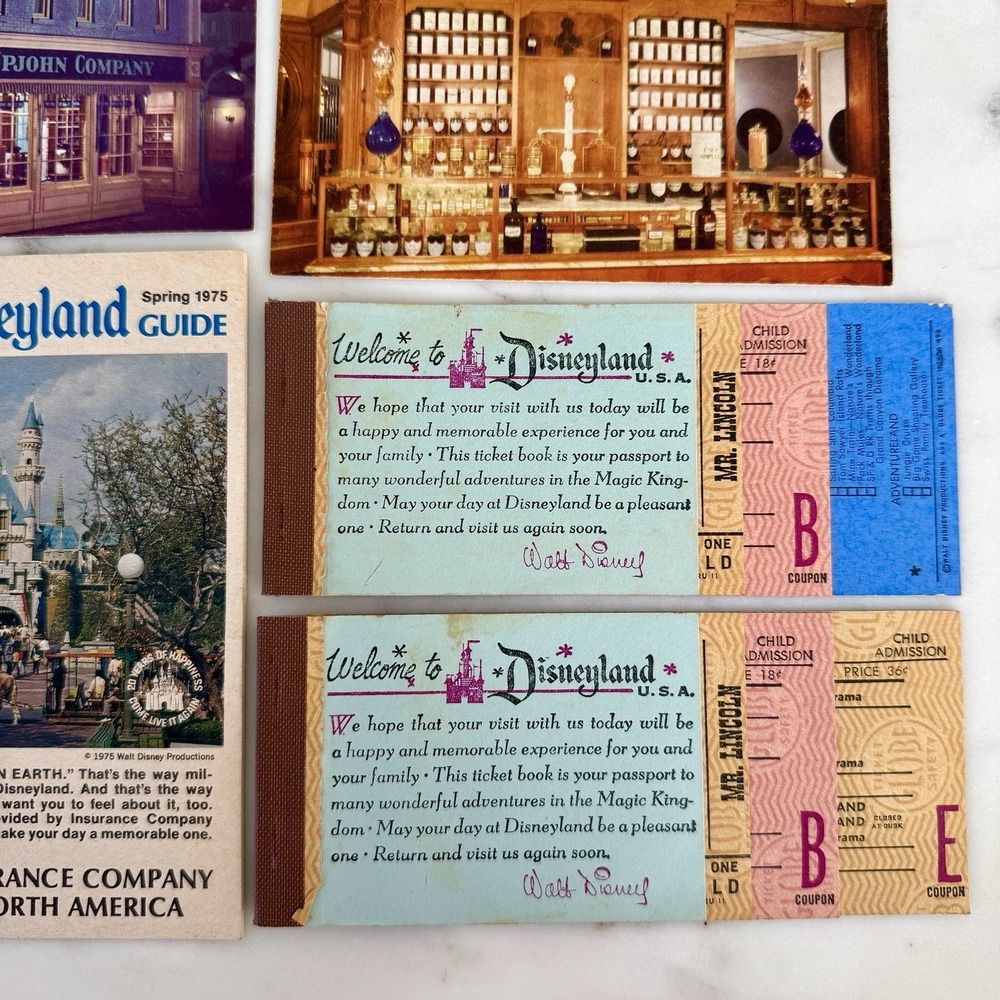 Lot Disneyland Admission Ticket Book 1975 Guide Postcards Original 20 Adventures